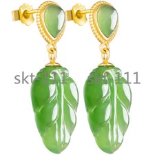 Certified delicate hetian Green jade Leaf carving 925s earring