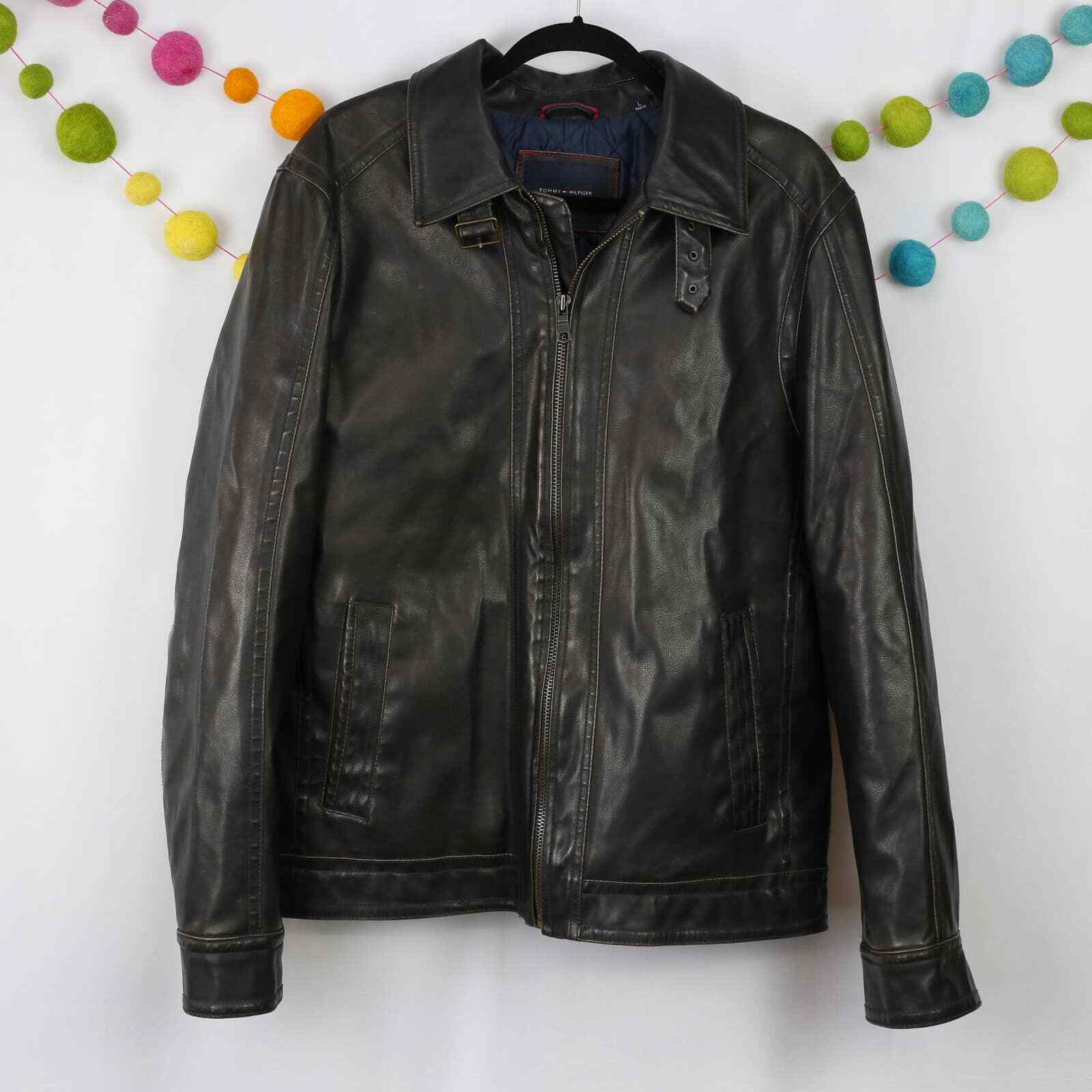 Tommy Hilfiger Brown Faux Leather Moto Jacket L Gem