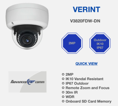 Verint V3820FDW-DN 2mp IP Network Day Night Remote Zoom IK10 IP67 Outdoor Camera