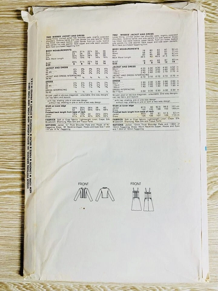 80s VOGUE 7942 SIZE 14 JACKET DRESS UC/FF - Image 3 of 3