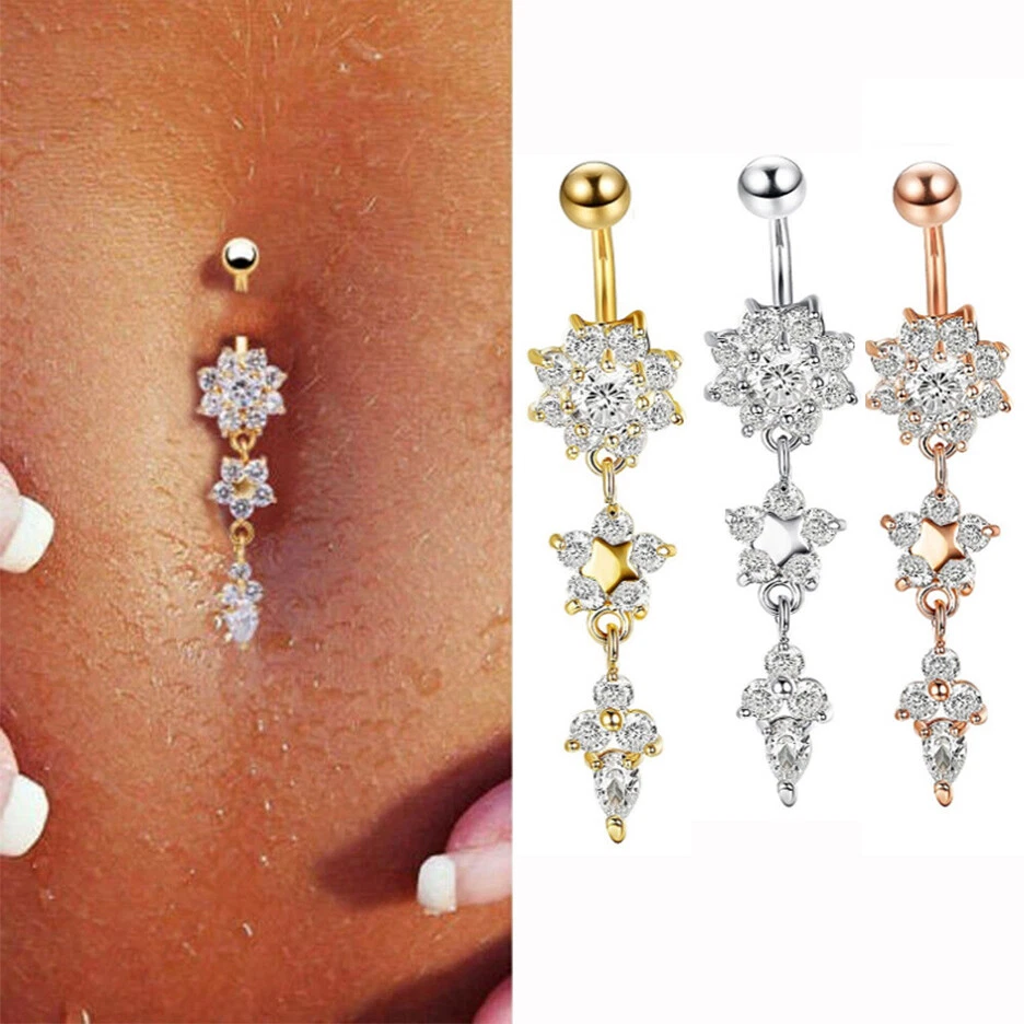 Flower Crystal Surgical Steel Dangle BELLY Button Navel bars Ring Body  Piercing