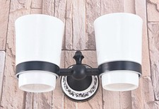 Oil Rubbed Bronze Toothbrush Holder Double Ceramic Cups Holder Wall Mounted