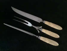 3 pc. Antique celluloid and sterling DRAGON HANDLED roast carving set