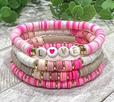 Pink Beige White Gold Beaded Polymer Clay Stackable Bracelets Set LOVE Theme