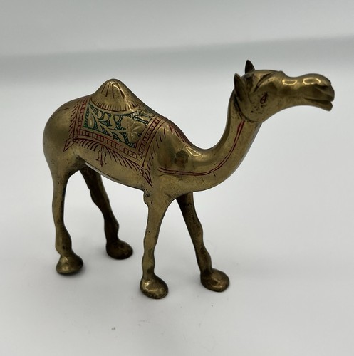 Vintage Brass Camel Figurine Etched Metal Middle Eastern Decor 4.5” H X 6.5” L