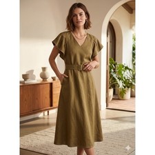 Lafayette 148 NY Linen Silk Belted Midi Dress Olive Green Flutter Sleeve Size 4