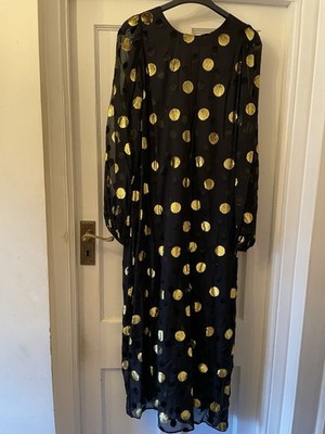 New M&S Jaeger London Black With Gold & Velvet Look Polka Dots Midi Dress,  UK 12 | eBay UK