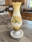 1970s Vintage Milk Glass Hurricane Yellow Floral Table Lamp- WORKS!