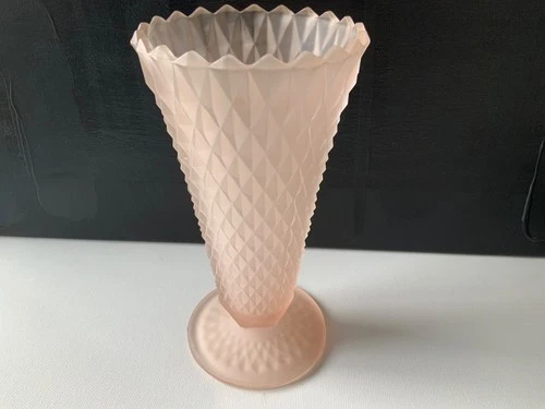 Vintage Art Deco Pink Satin Frosted Depression Glass 8" Vase Cone Shape w/base