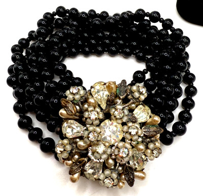 VINTAGE SIGNED MIRIAM HASKELL 8 STRAND BLACK ONYX BRACELET W/ RHINESTONE CLASP