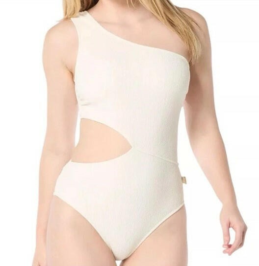 MICHAEL Michael Kors Women's Ribbed One-Shoulder Side-Cutout Swimsuit Ivory 10