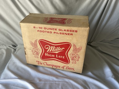 Vintage Box of 6 - 10oz Miller High Life, Footed Pilsner Glasses