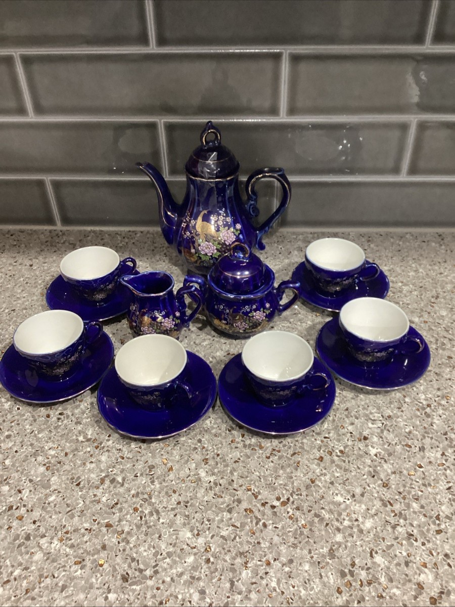VTG Cobalt Blue Japanese Porcelain Tea Set Gold Floral Peacock
