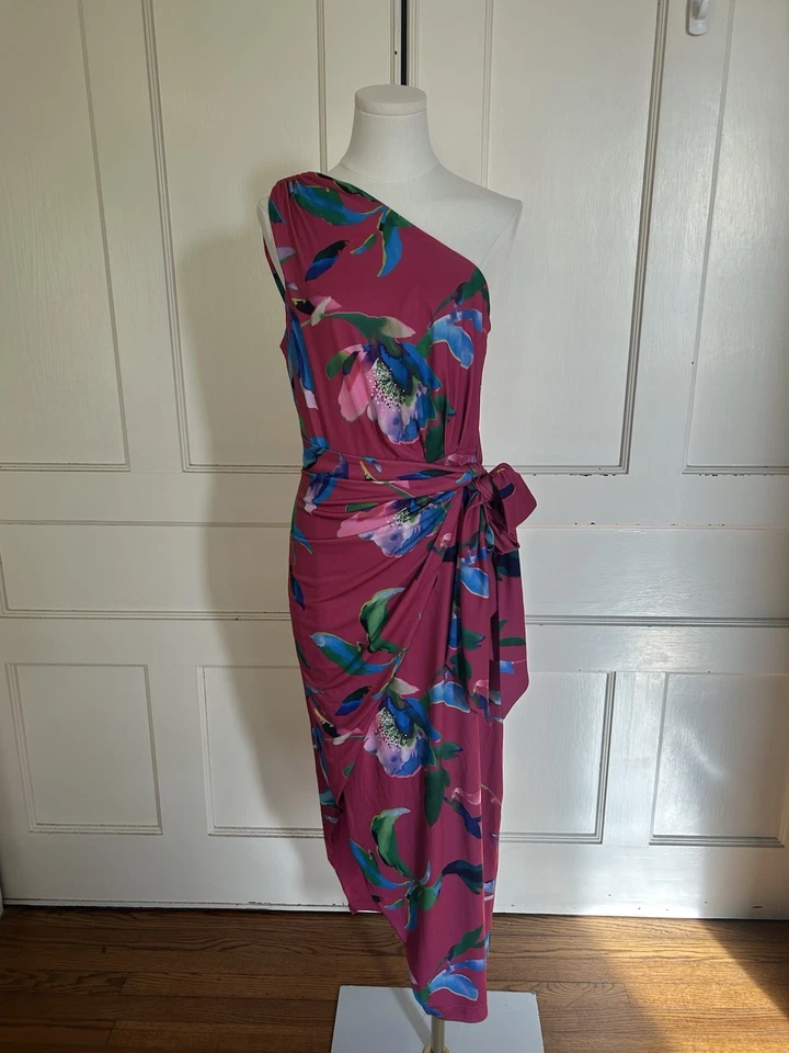 Vestido Vaina Boston Proper Floral Un Hombro Corbata Cintura Midi Para Mujer Talla Pequeña Foto 3 de 4