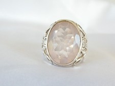 Large Sterling Silver 925 Rose Pink Quartz Open Scroll Statement Ring Size 8