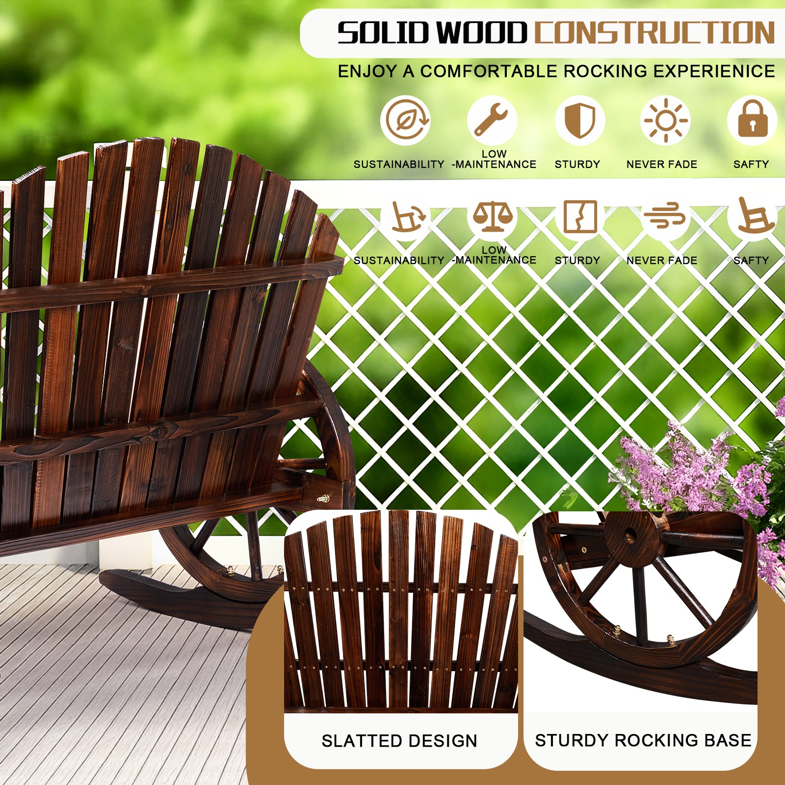 36in In/Outdoor Rustic Wooden Wagon Adirondack Rocking Chair with Back, Armrest