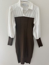 New York & Company Brown White Knit Sweater Dress Collared Balloon Sleeve S