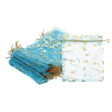 100 Pcs 5x7 Inch Sheer Heart Printed Organza Bags with Drawstring, Lake Blue