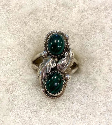 Sterling Navajo Malachite Squash Blossom Ring with  Size 8 1/4  - 5.5 Grams