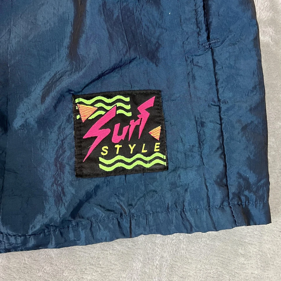 Vintage Surf Style Shorts Mens XL Blue Nylon Swim Trunks Mesh Lined Made USA 90s - Image 2 of 4