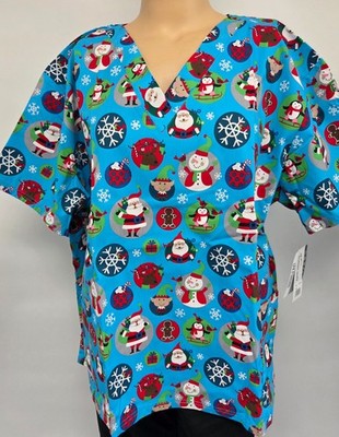 Women Scrub Top Cotton Blend Christmas Santa Snowflakes Aqua Turquoise 4X UA