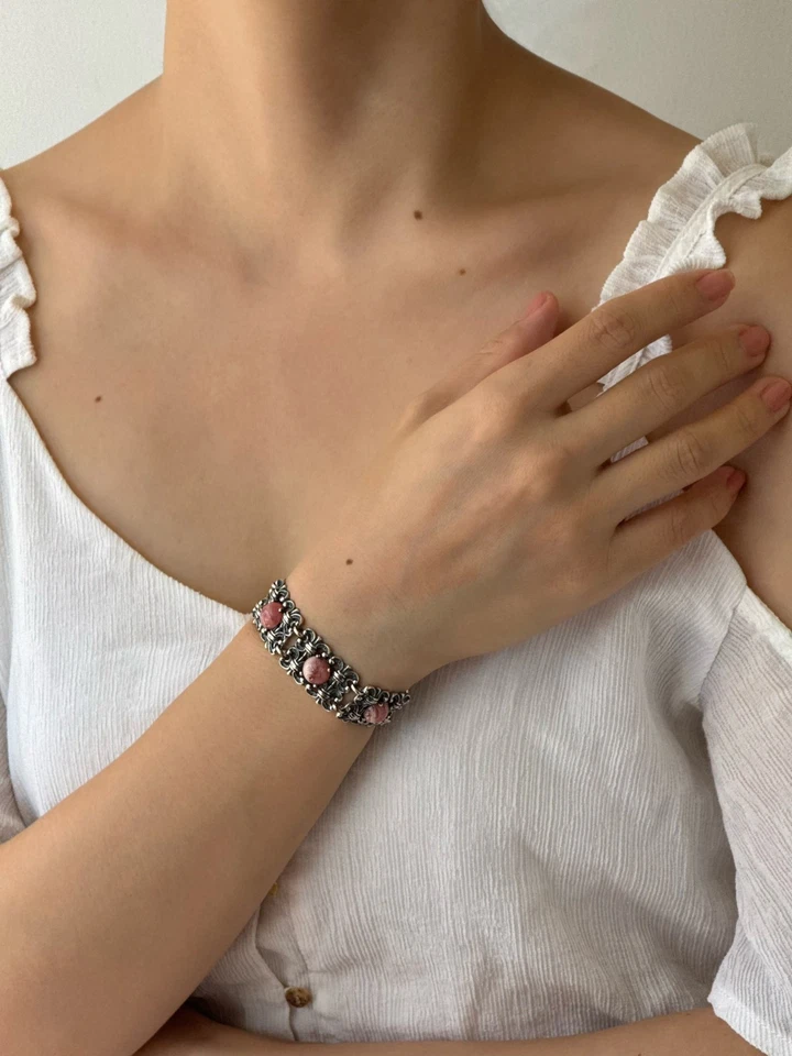 Pulsera crisoprasa rosa plata artesanal diseño vintage  Foto 3 de 4