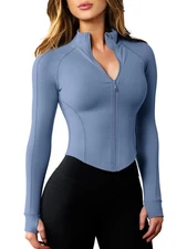 Women's Cropped Workout Jacket Lightweight Stretchy Zip Up Athletic Slim Fit ...
