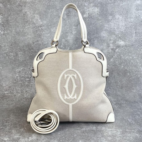Cartier Marcello 2Way Shoulder Tote Bag Canvas Leather Ivory