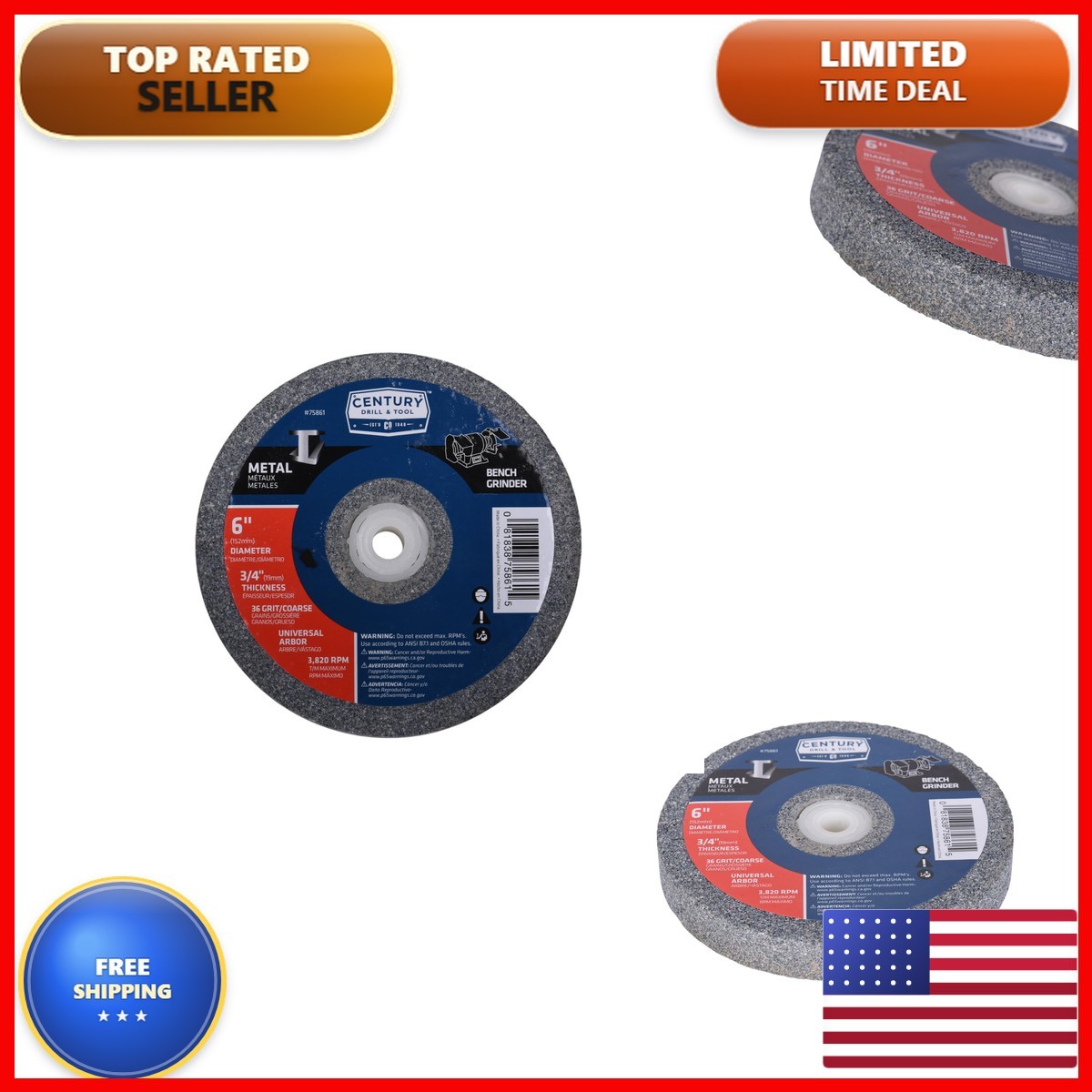 Century Drill & Tool 75861 Bench Grinding Wheel, 6", Grit Coarse