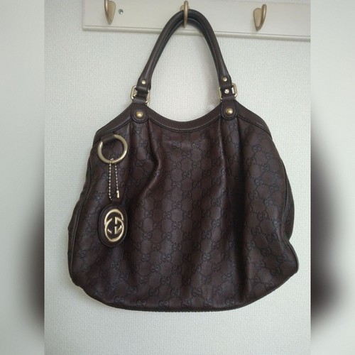 GUCCI Dark Brown GG Monogram Leather Bag Interlocking G Charm Top Handle Purse