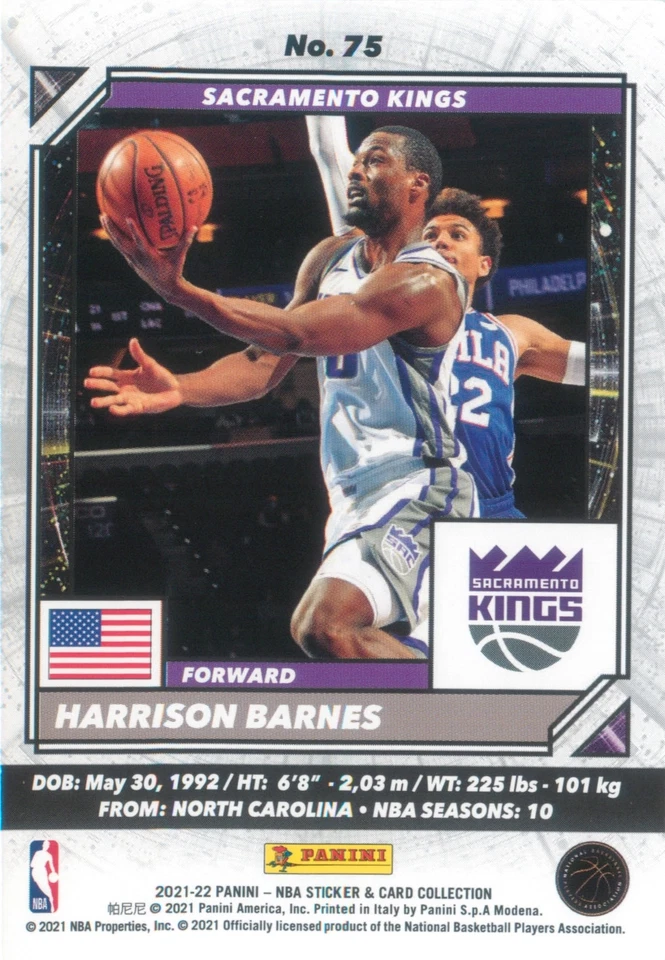 Harrison Barnes 2021-22 Panini Sticker & Card Collection NBA Card #75 Kings NBA - Image 4 of 4