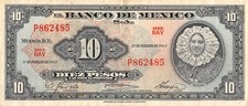 Mexico  10  Pesos  17.2.1965  Series BAV  Prefix P  Circulated Banknote TX4