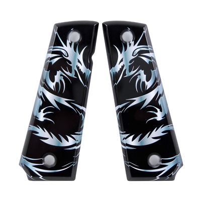 Custom 1911 Full Size Diamond Polish Ergonomic Acrylic Grips Dragon Tattoo Grey