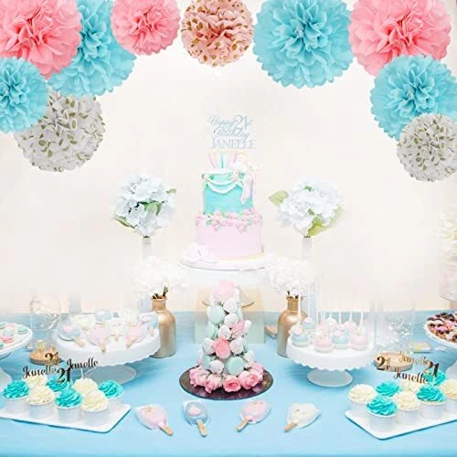 Pompones de pañuelo rosa-azul dorado para fiestas-decoraciones - 12 piezas ideas de revelación de género... Foto 3 de 4
