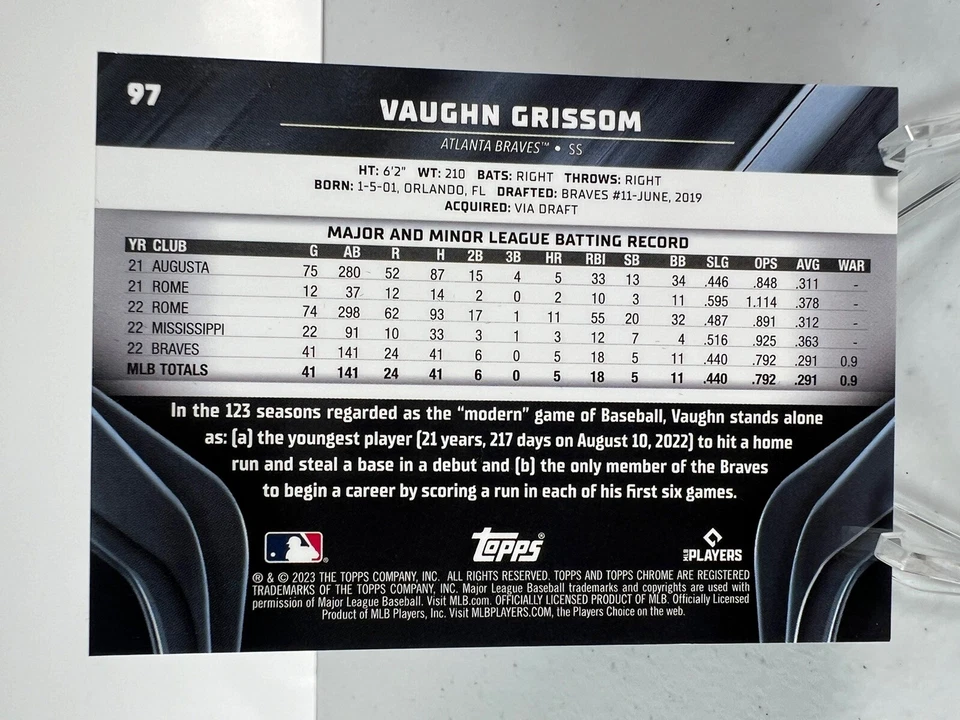 2023 Topps Chrome Black Vaughn Grissom Rookie Card RC #/199 Braves - Image 2 of 2
