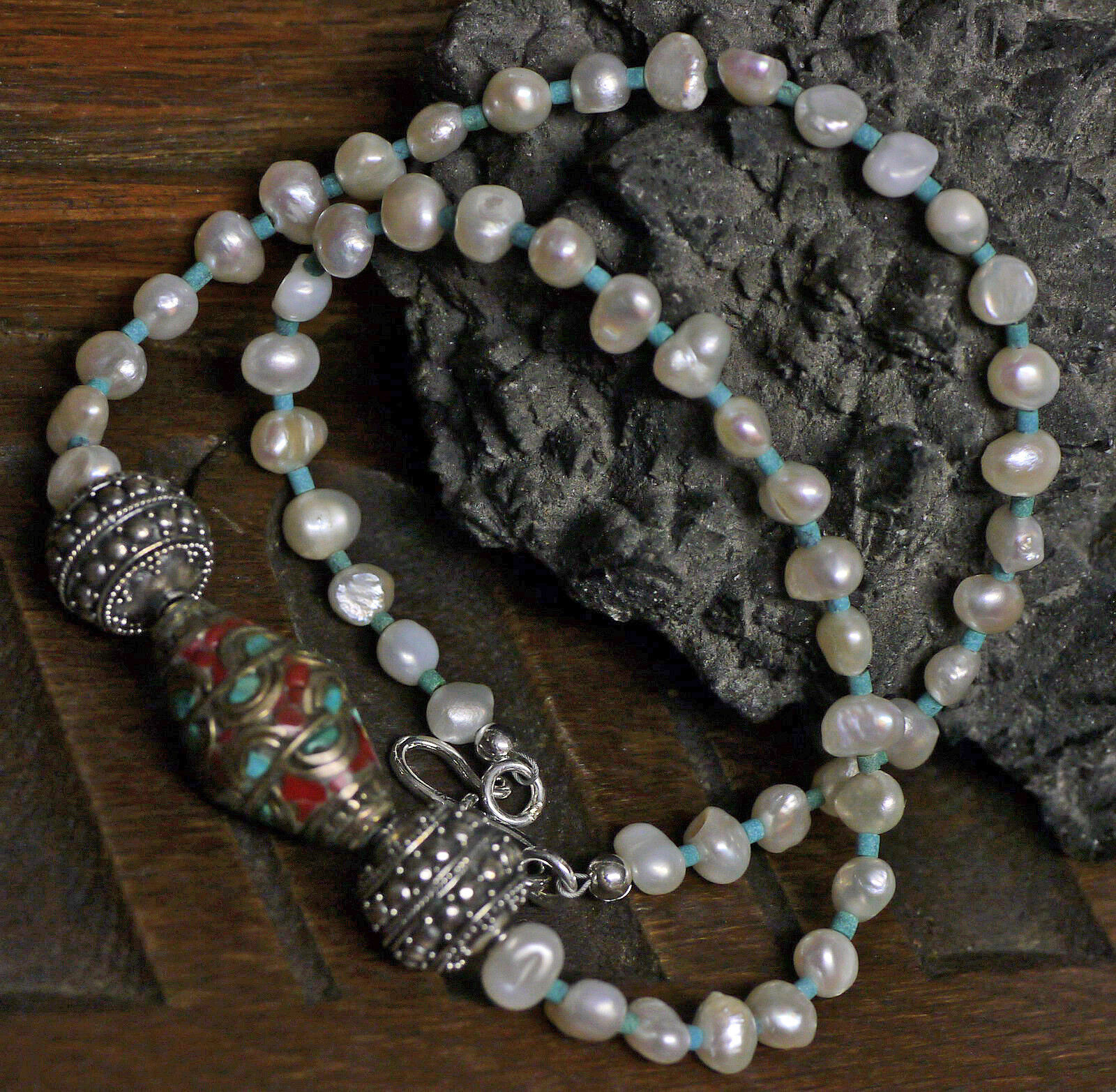 UNIKAT 925 Silber Folklore Perlenkette Edelstein-Mosaikperle Trachtenschmuck