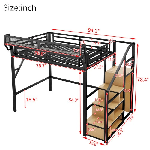 Cama alta tipo loft de metal con armario escalera estante de almacenamiento marco de cama tamaño queen completo Foto 4 de 4