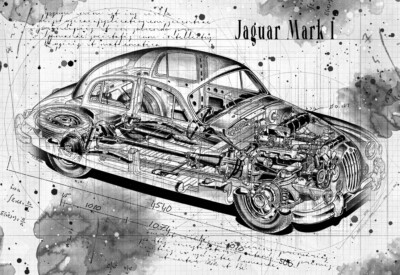 Line Tech Zeichnung Jaguar Mark 1 Ausbruch Kunst Poster Druck