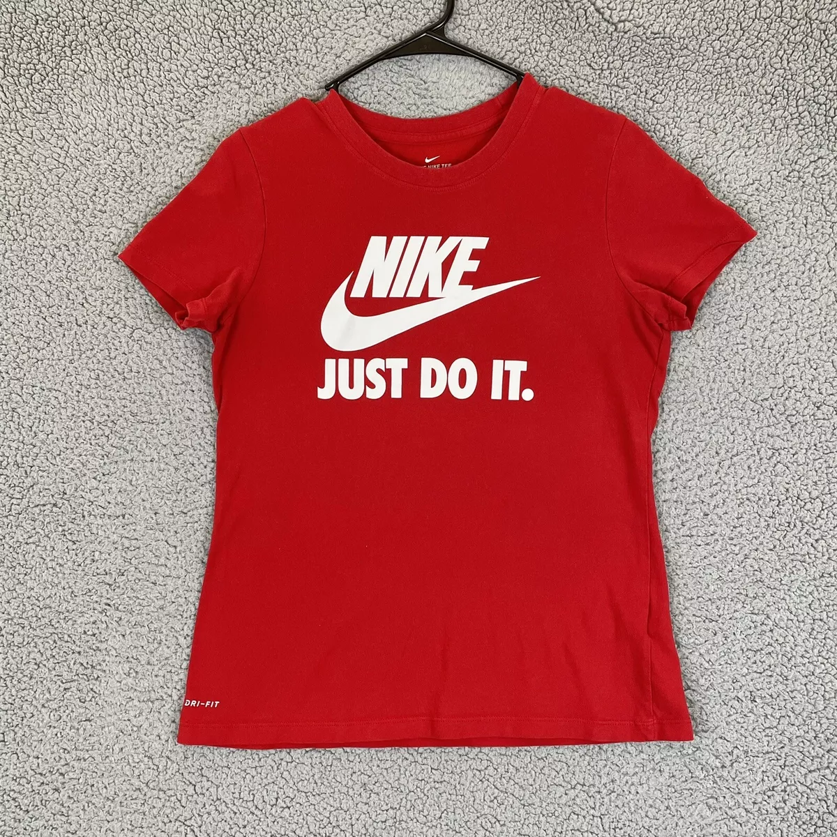 Nike Shirt Womens Medium Red Short Sleeve Dri Fit Logo Just Do It Graphic Tee