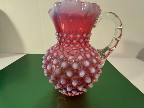 VTG Fenton Opalescent Cranberry Glass Small Pitcher/Jug, Hobnail 5-3/4" Stamped 