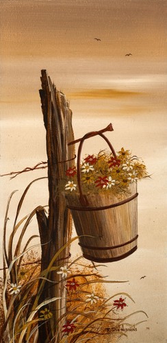 R Don Hutchins Original Mixed Media Painting on Panel 16x8in Flowers Beach 1974
