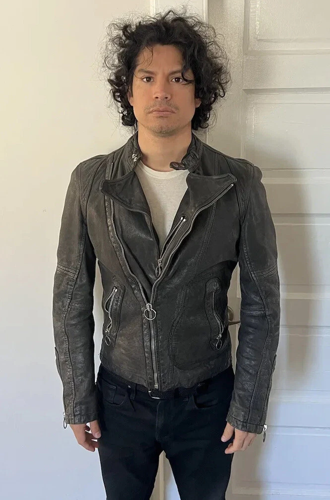 Diesel Mens Dark Charcoal Gray Leather Jacket Asymmetrical Motorcycle Size  Small