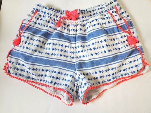 Mini Boden Girls 9 Shorts White Boho Vacation Tassels Blue Printed Mini Cotton - Picture 7 of 7
