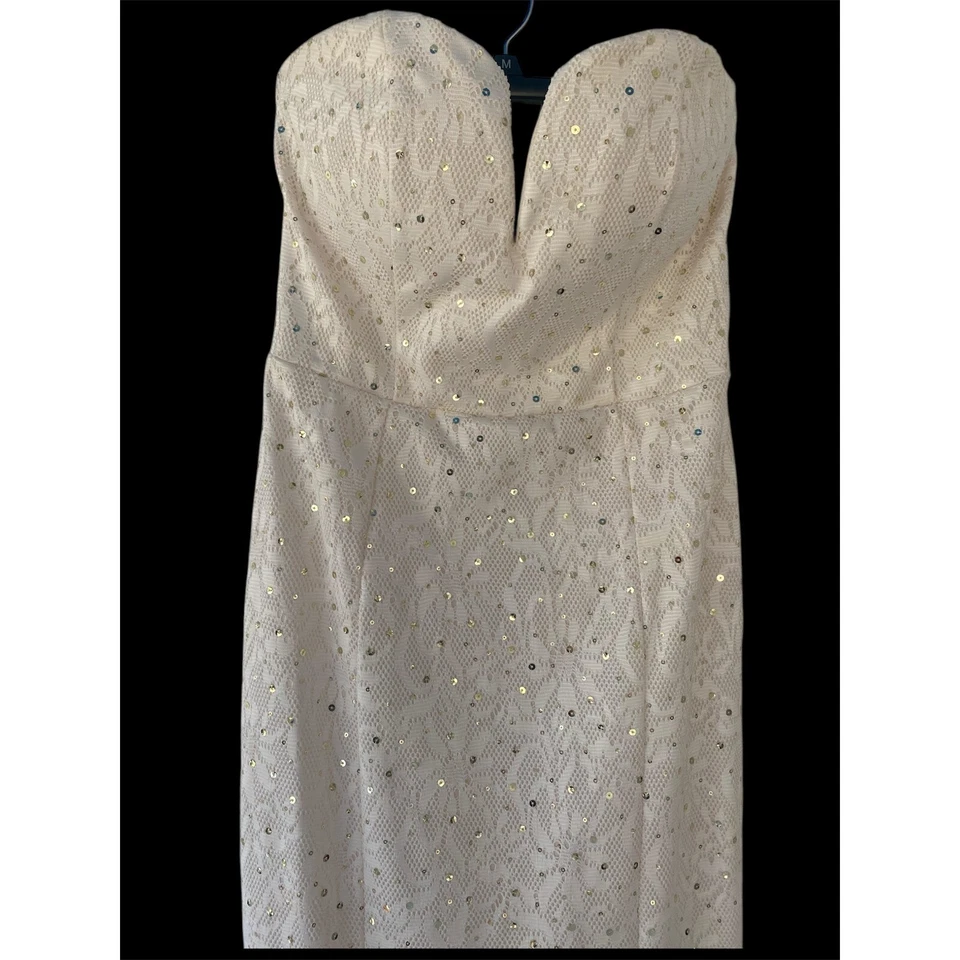 BAILEY BLUE Cream & GOLD SEQUIN EMBELLISHED STRAPLESS LONG DRESS SIZE L EUC - Image 2 of 4