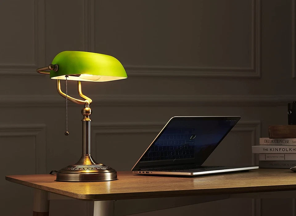 Bronze Green Banker Desk Lamp Pull Chain Switch Glass Light Satin Brass Fixture - Image 3 of 4