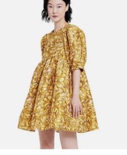 Kika Vargas Yellow Pink Gold Floral Puff Sleeve Short Dress Ruffle Button XXS