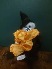 vtg ARTMARK porcelain satin witch Halloween clown stuffed body doll Orange Black