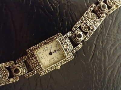 925 STERLING SILVER Marcasite & Onyx Women's Watch, for Scrap/Repair, 36.38grams
