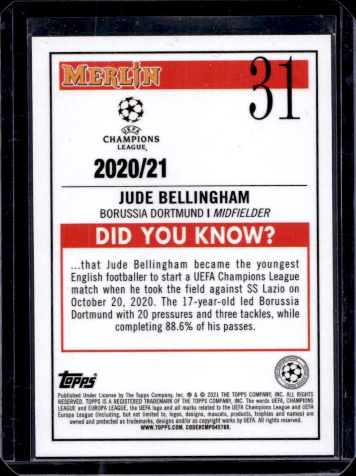 2020-21 Topps Merlin Chrome UEFA Jude Bellingham RC Rookie #31 Dortmund view 2