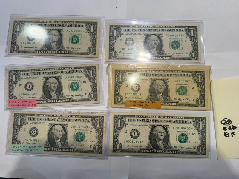 US Mint Lot of six $1 Star Bills repeating unique serial numbers 26F one dollar